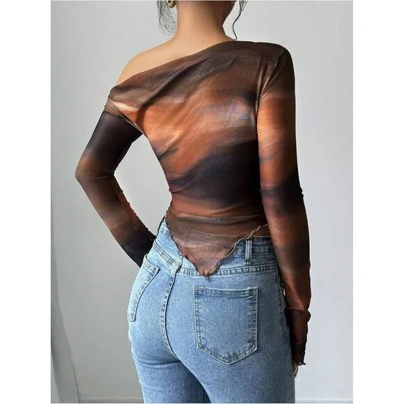 Women's Tie Dye Mesh Off Shoulder T Shirt Long Sleeve Ruched Fitted Tee - Picture 2 of 5
